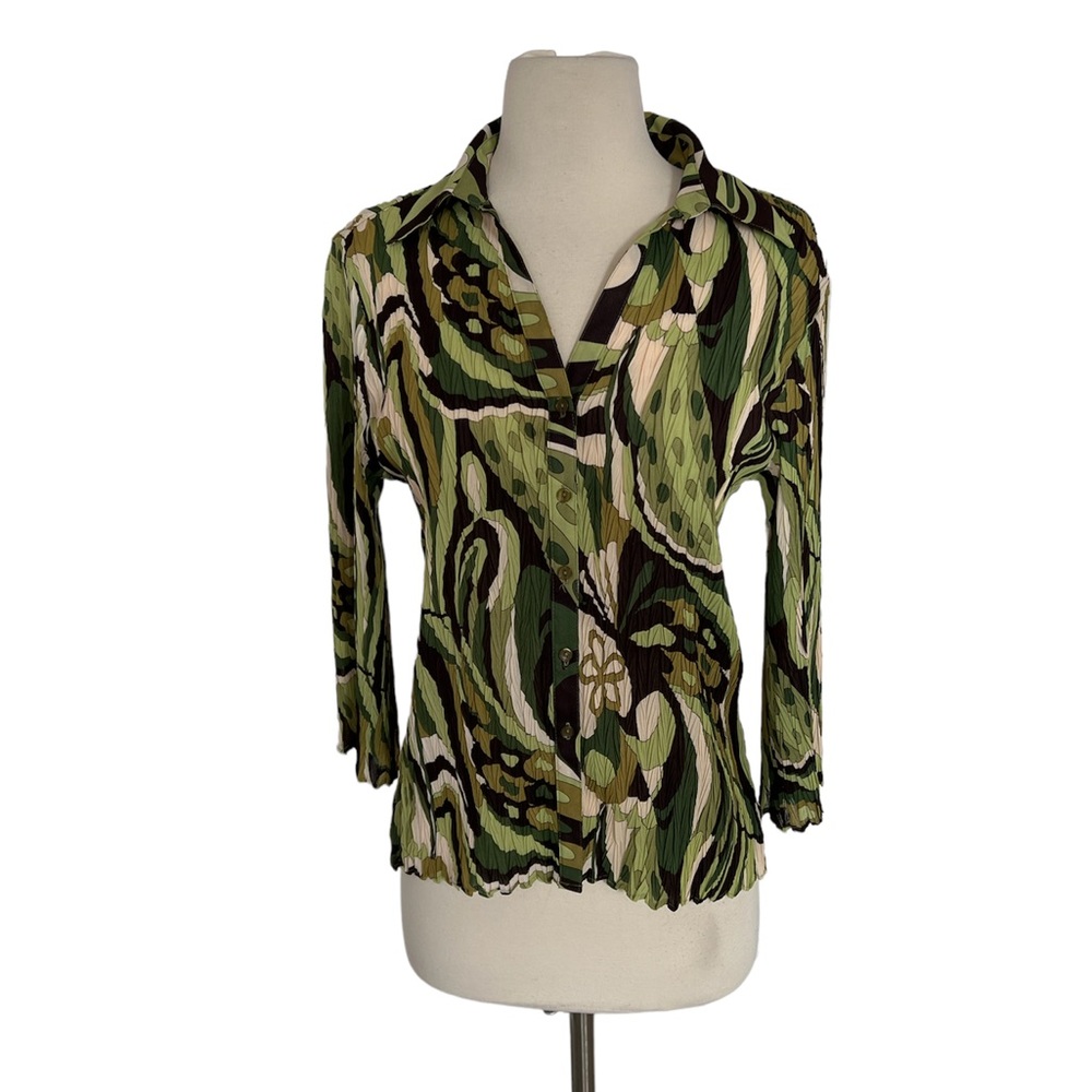 E.K. Designs Vintage Green Patterned Women's Button-Front Top